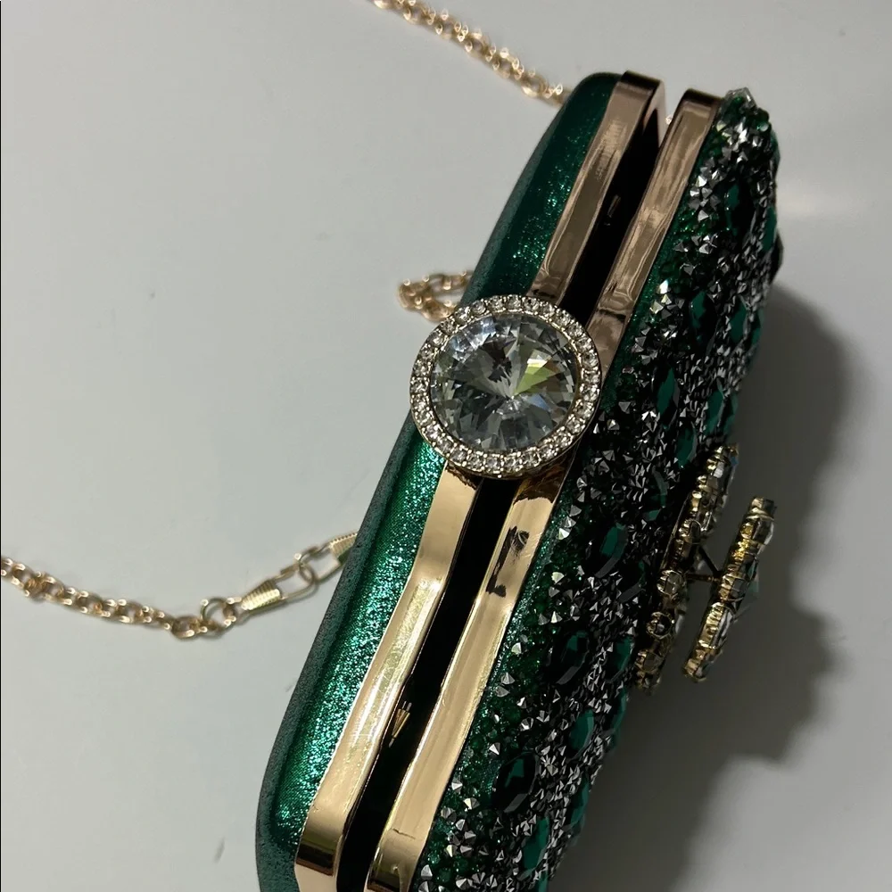 Emerald Crystal Evening Clutch with Gold Chain - Picture 15 of 16